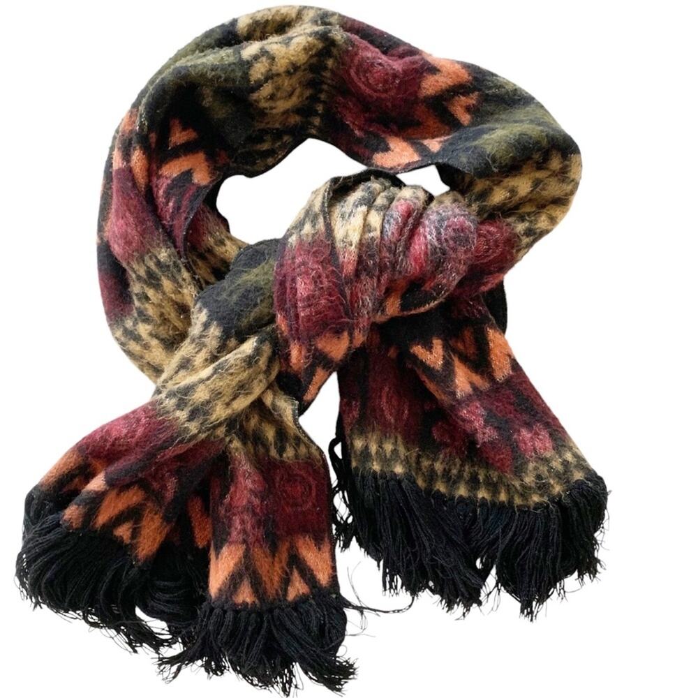 Aztec Print Wool Blend Eyelash Fringe Large Scarf - Picture 1 of 5